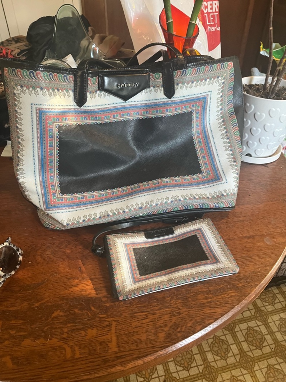 Givenchy Multicolor Patterned Tote with Black Accents and Matching Pouch